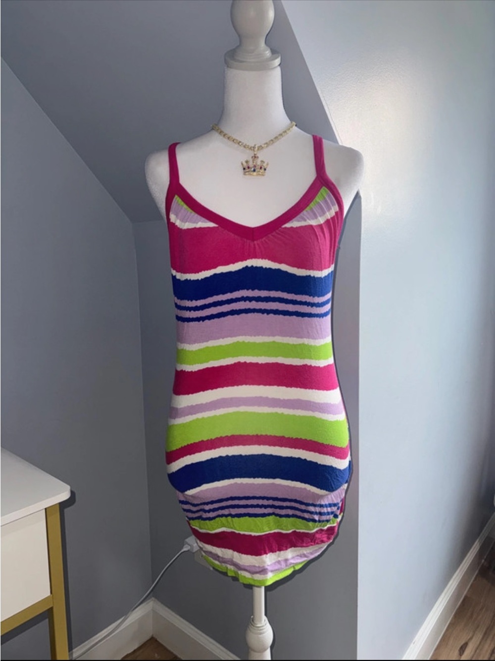 Lipstick Hot Pink, Blue, Lime & White Striped Mini Dress